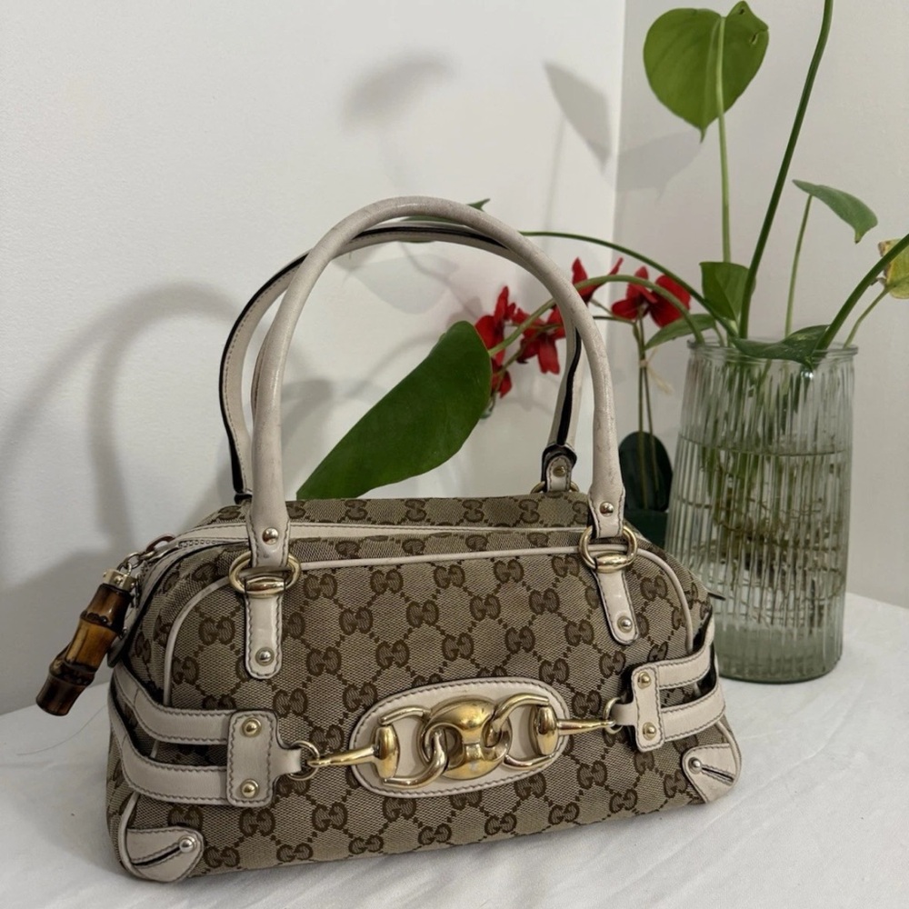 GUCCI GG Canvas Horsebit Hand Bag Beige Gold 159399